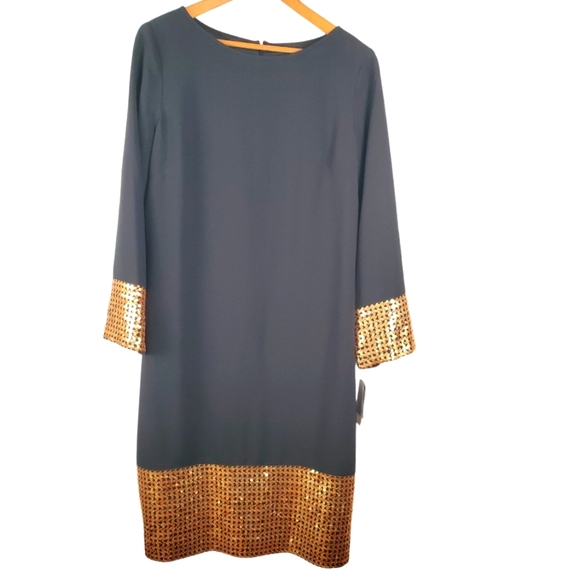 NWT Doncaster Sheath Evening Dress SZ 14 Black Long Sleeve Gold Sequined Vented - Picture 1 of 11